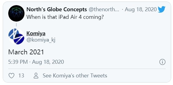 苹果 iPad Air 4 或将在明年 3 月份发布