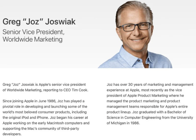 苹果更新官网页面：营销主管席勒卸任，乔斯维亚克上任