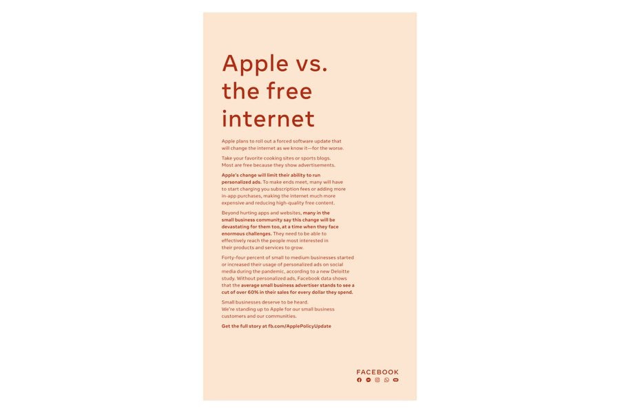 Facebook 在各大报纸刊登第二个整版广告抨击苹果