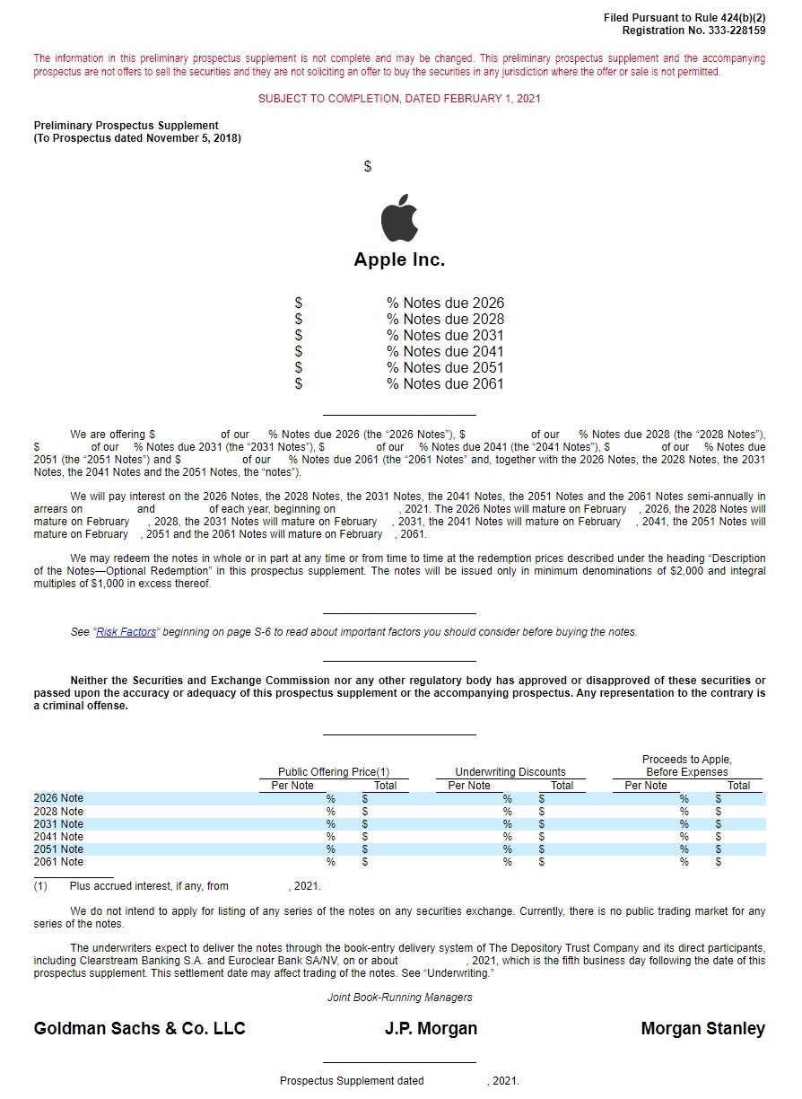 苹果拟发行六部分票据，最低面额为 2000 美元，盘前涨约 1.42%