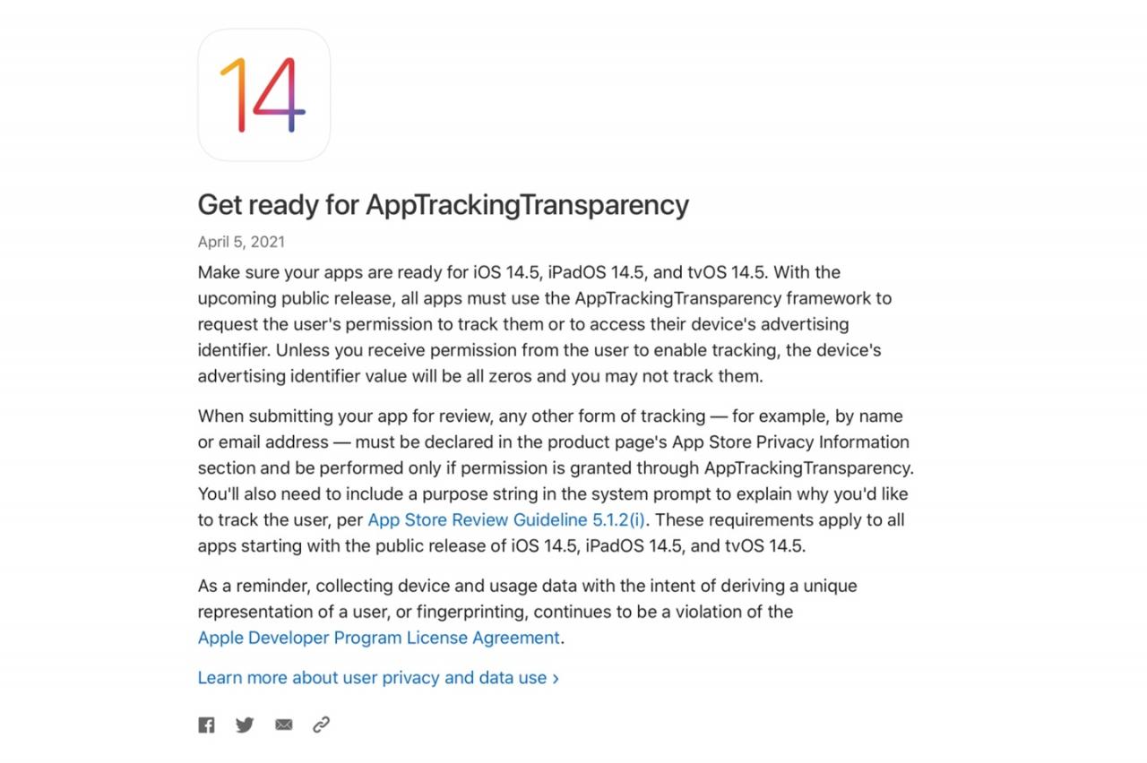 苹果提醒开发人员在 iOS 14.5 发布之前为应用跟踪透明度做好准备