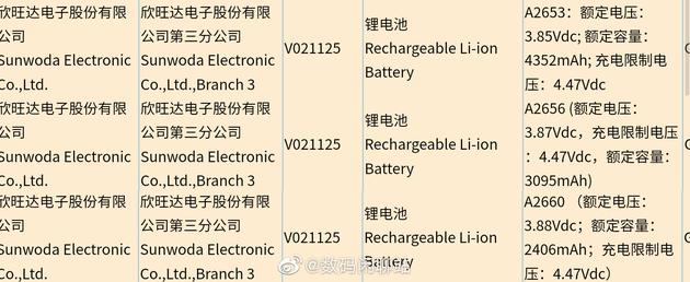疑似苹果 iPhone 13 系列电池入网：最高 4352mAh
