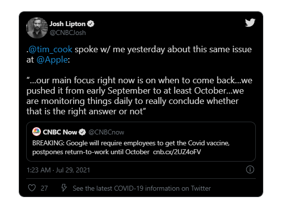 库克证实苹果员工重返办公室的时间至少推迟到 10 月